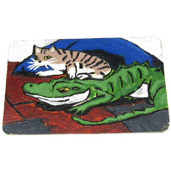 ACEO Art Card Cat & Alligator Relaxing Abstract Animals Artist Signed - Picture 1 of 2